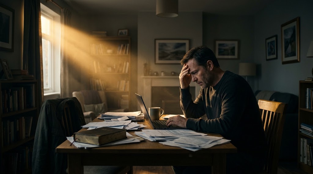 A man sitting at a table in morning light, head resting in his hand beside an open Bible and scattered papers, lost in thought