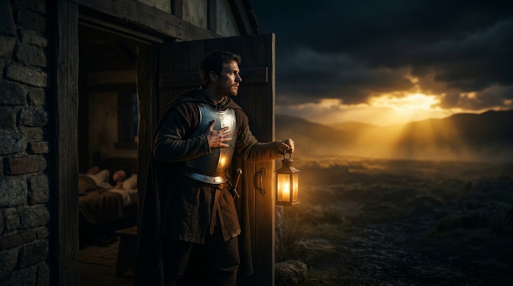 A man in a breastplate stands alert in a doorway holding a lit lantern, watching the dark horizon while others sleep behind him