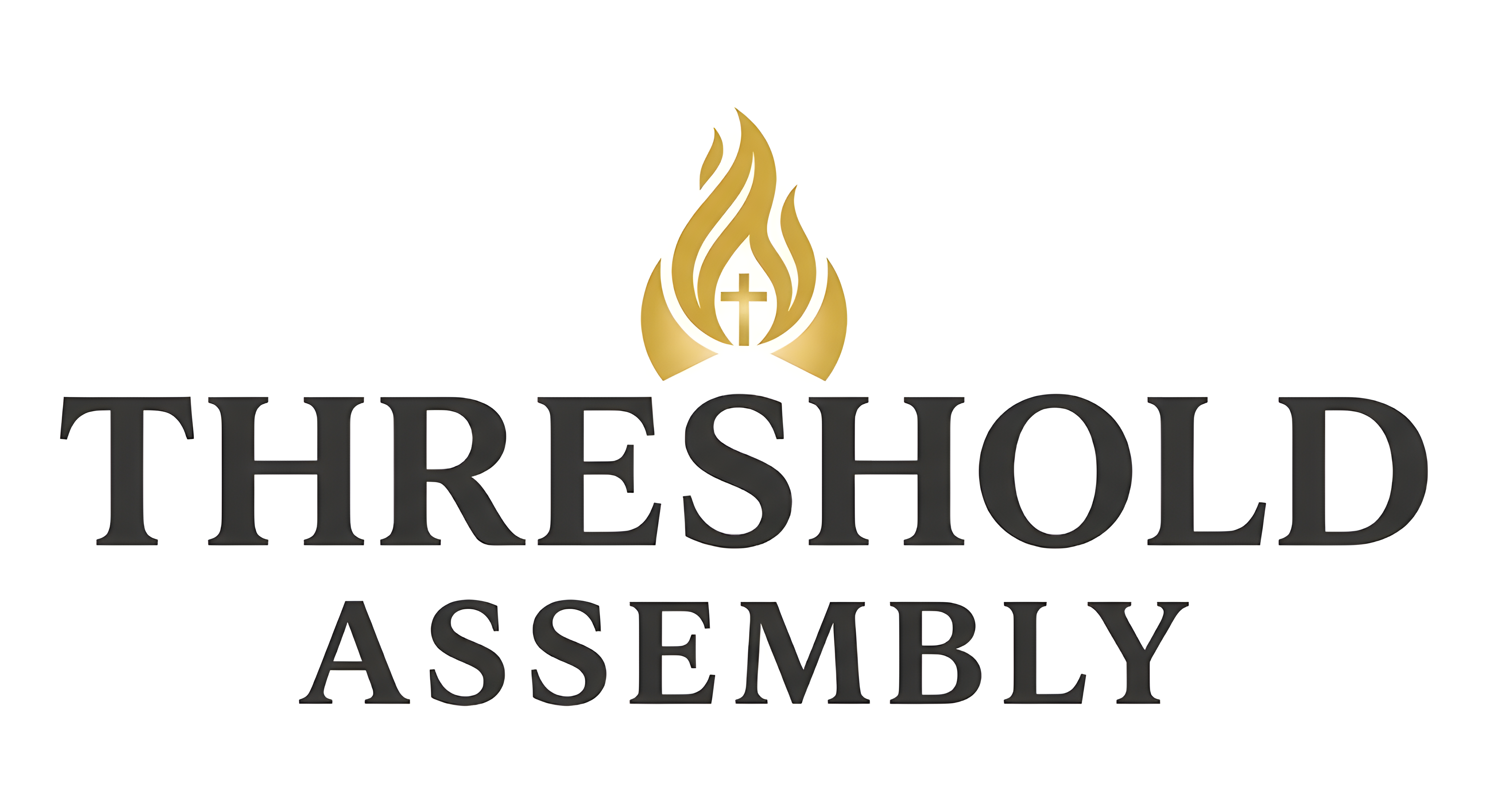 The Threshold Assembly logo, a gold flame with a cross at its center above the words Threshold Assembly