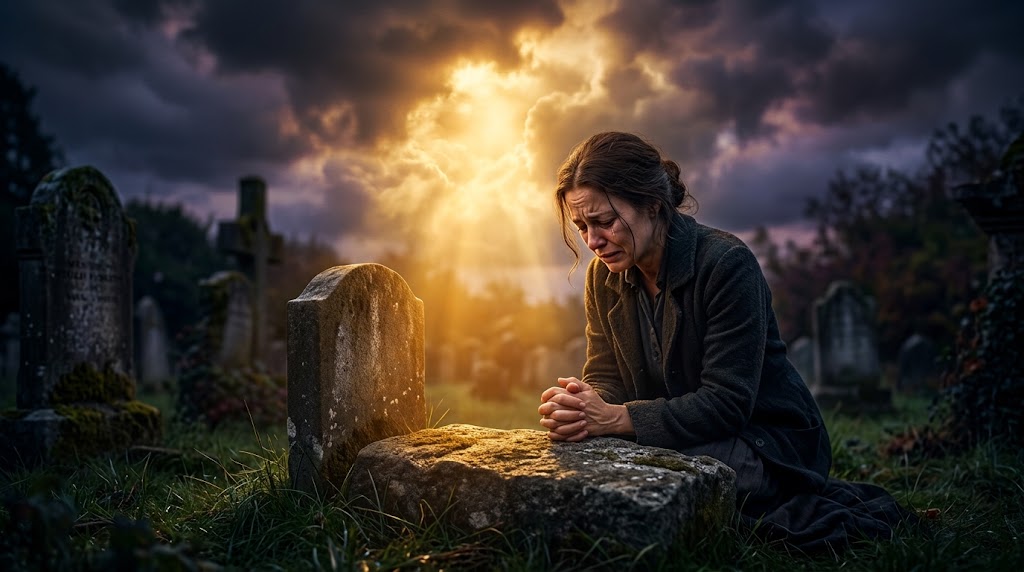 A grieving woman kneels at a weathered gravestone in a dim cemetery, hands clasped in prayer, as a shaft of golden light breaks through storm clouds overhead — grief meeting hope in the middle of sorrow.