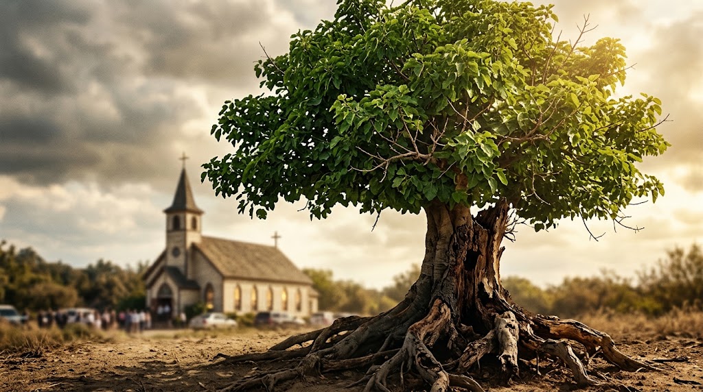 A large leafy fig tree with exposed, gnarled roots in dry soil, with a small white country church and a gathering of people in the background