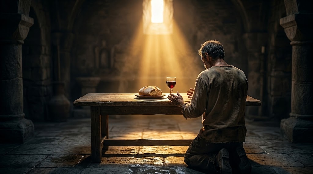 A weary man kneeling at a rough wooden table with bread and a cup of wine, light pouring down from a high stone window