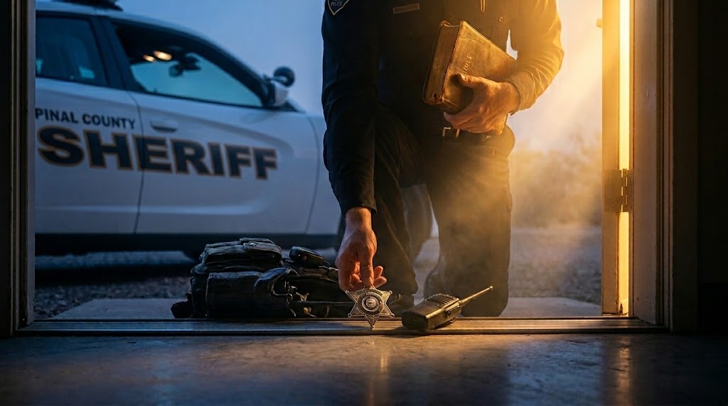 A sheriff's deputy laying down a badge, duty belt, and radio in a doorway lit by golden light while holding a worn Bible, a Pinal County Sheriff cruiser behind him