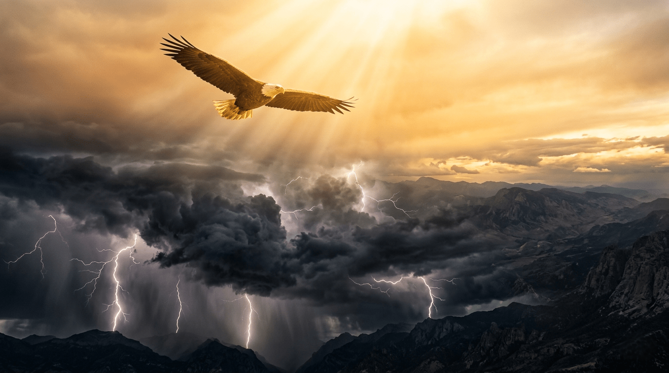 A bald eagle soaring on golden light above a dark mountain storm filled with lightning