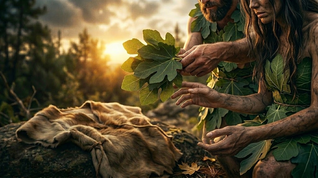 Adam and Eve weaving fig leaves together, with animal skin garments nearby, warm golden light breaking through the trees behind them