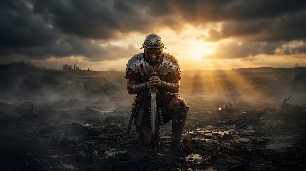 A battle-worn Roman soldier in full armor kneels in prayer on a scarred battlefield, head bowed over the hilt of his sword planted in the mud, as light breaks through storm clouds — a picture of standing armed through the evil day by prayer.
