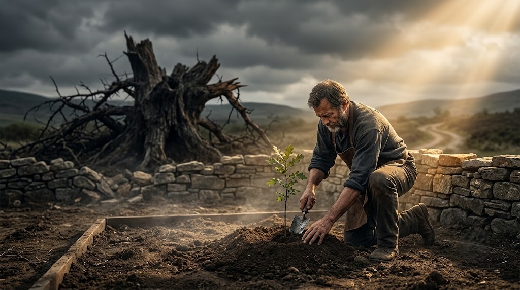 A father kneels in freshly turned soil to plant a young oak sapling beside an old uprooted stump, as light breaks through storm clouds over a winding country road, a picture of building a legacy of faith to hand down