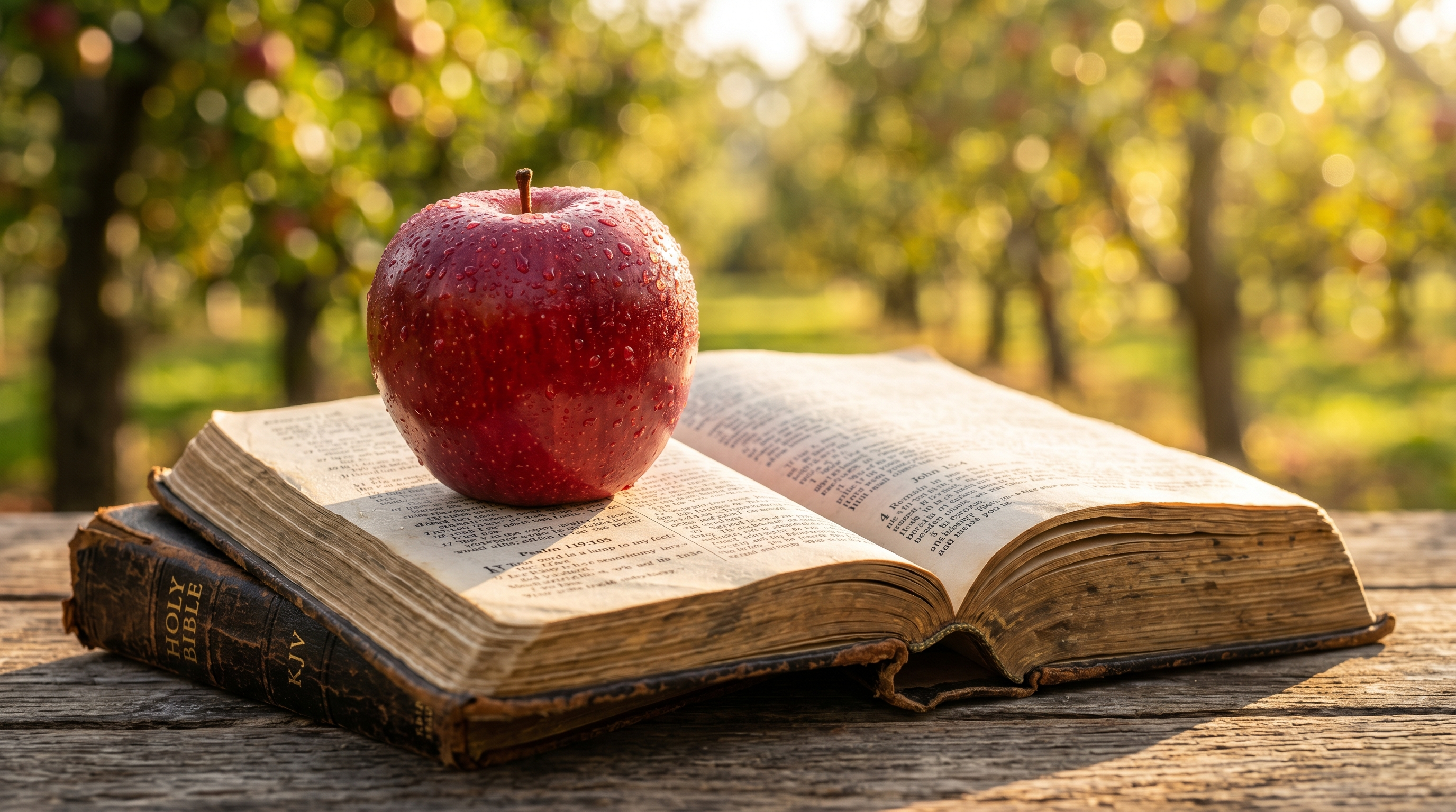 A dew-covered red apple resting on an open KJV Bible on a weathered wooden table, with a sunlit orchard in the background