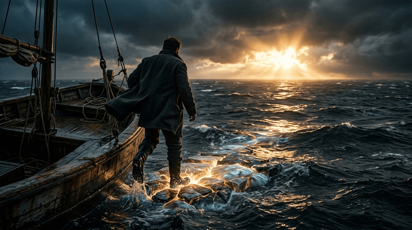 A man stepping off the bow of a wooden boat onto glowing stones across storm-tossed water toward a break of golden light