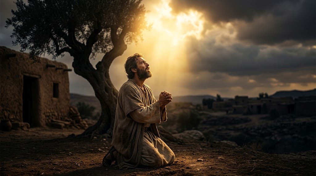 A man kneels in prayer beside an ancient stone dwelling as light breaks through storm clouds overhead, a picture of a fresh word breaking into an old pattern