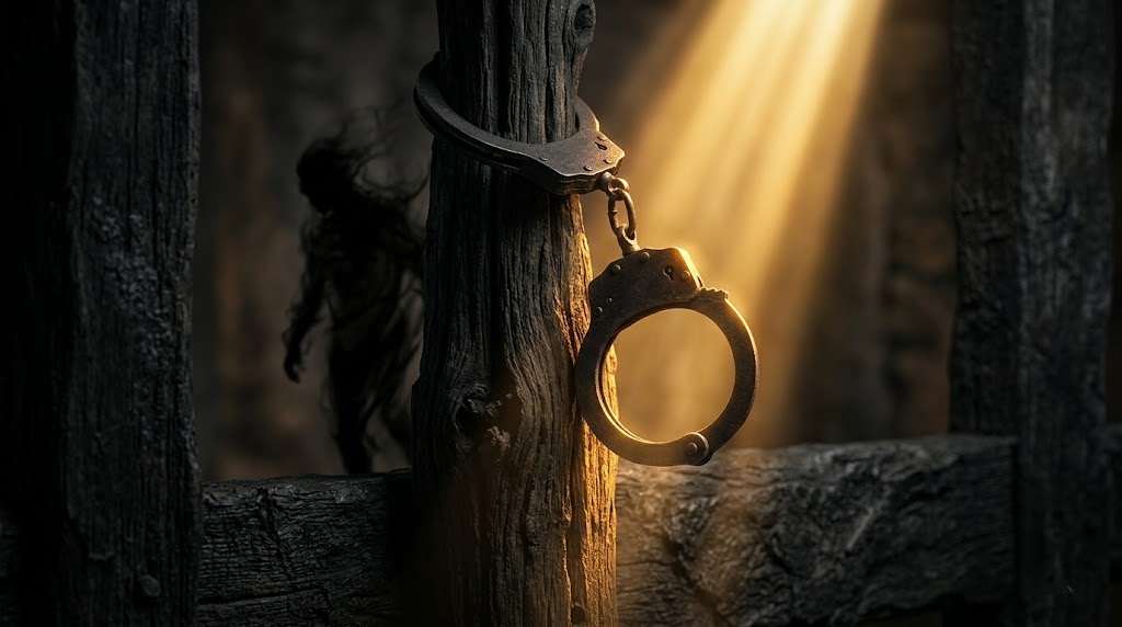 Rusted handcuffs locked around a wooden post, with a shadowed figure retreating into darkness and a shaft of light breaking through