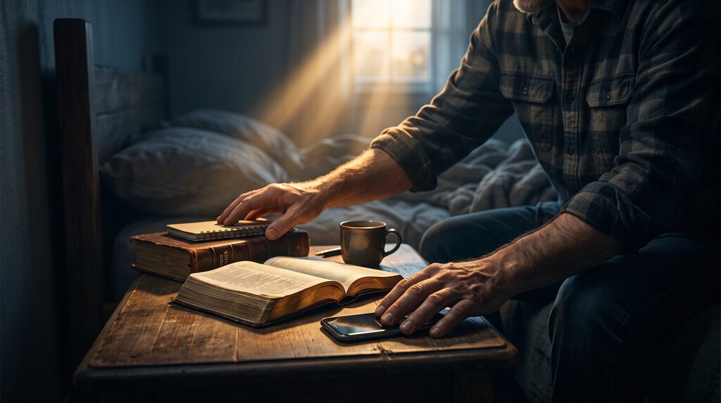 A man sits on the edge of an unmade bed at dawn, one hand resting on an open Bible and journal, the other hand on a phone beside a mug of coffee, as morning light streams through the window.