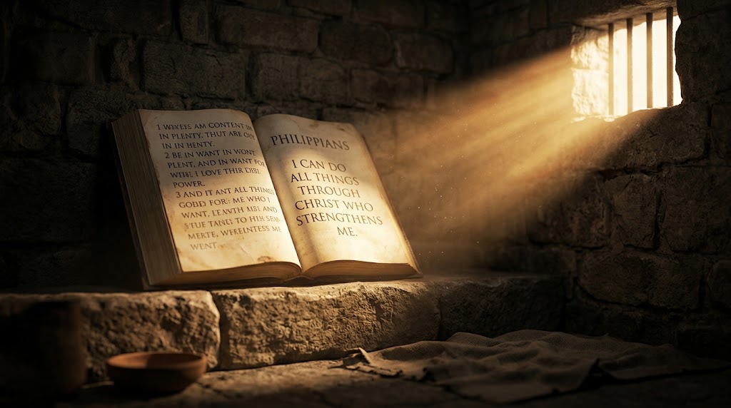 An open Bible resting on a stone ledge inside a prison cell, its pages showing Philippians open to 'I can do all things through Christ who strengthens me,' as a shaft of light falls through a barred window.