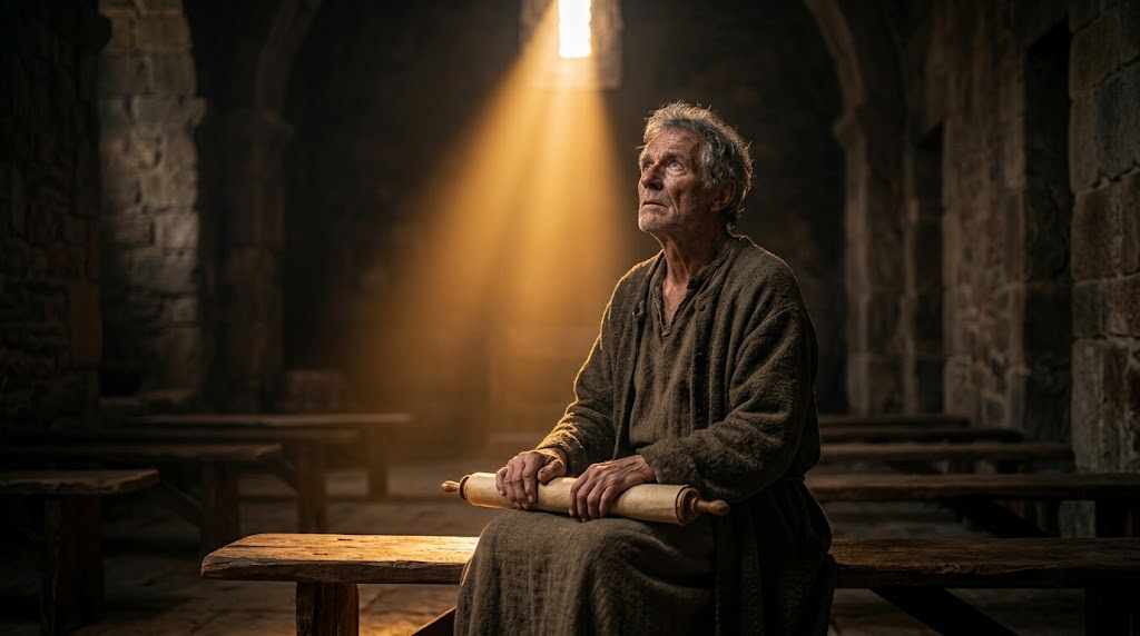 An elderly man in a rough woven robe sits on a wooden bench inside a stone chapel, holding a rolled scroll and gazing up into a single shaft of light falling from a high window — Paul reflecting on his letter of thanksgiving to the church at Thessalonica.