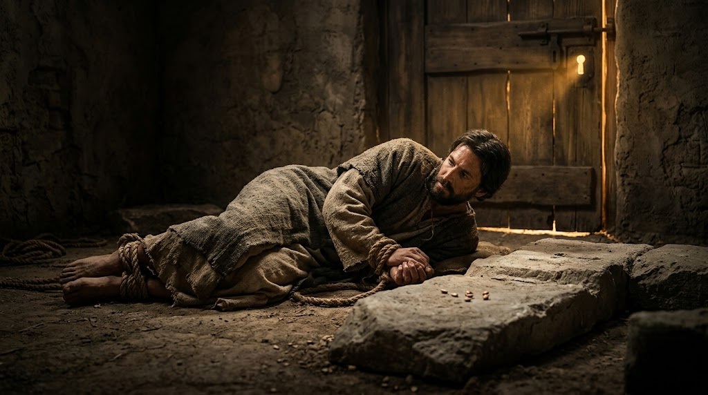 A bearded man in rough burlap robes lying bound with rope on his side on a dirt floor, facing a closed wooden door with warm light seeping around its edges — Ezekiel bearing the iniquity of Israel while the door has not yet opened.