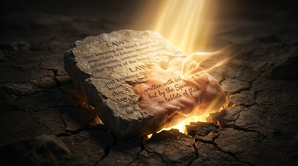 A cracked stone tablet lying on dry, broken ground, its carved words giving way to a glowing heart of flesh at its center, lit from above — the law no longer written with ink on tablets of stone, but by the Spirit on tablets of flesh.