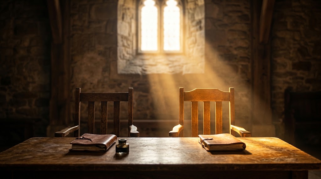 Two wooden chairs side by side at a worn table in a stone room, each with a leather-bound book, lit by a shaft of light from a high window