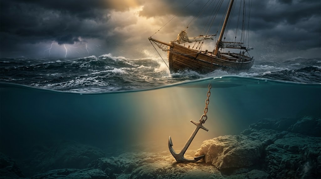 A ship in a storm above the waterline, with an anchor gripping solid rock in the calm depths below